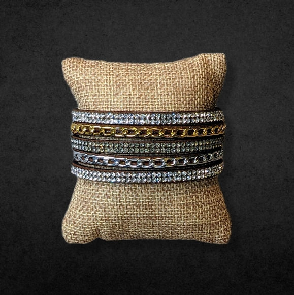 A7 Silver Crystal Gold Rhinestone Suede Wrap New Brown Bracelet Adjustable A7 - Picture 6 of 16